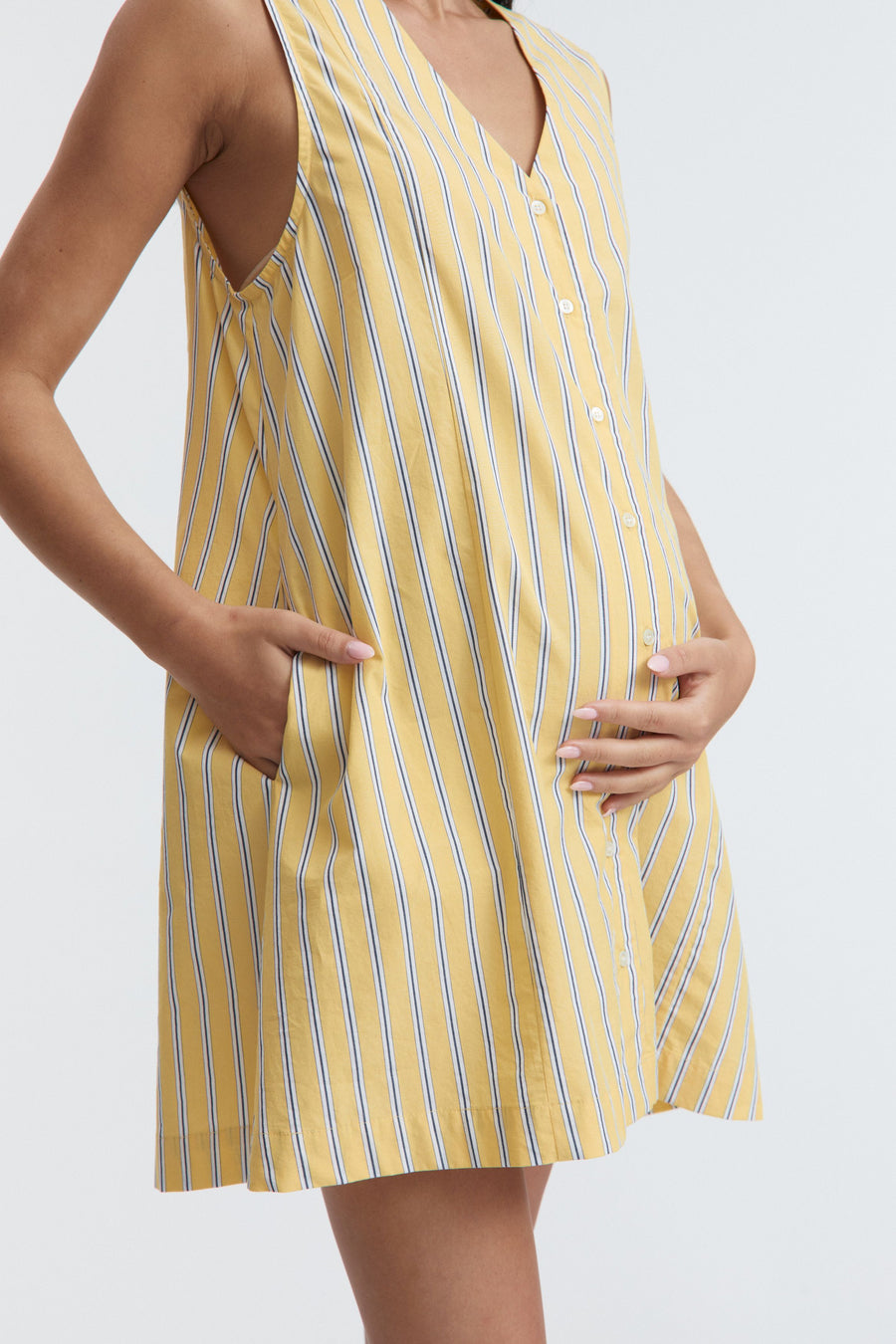 Stylish Cotton Button Down Maternity Dress (Lemon Stripe) 2