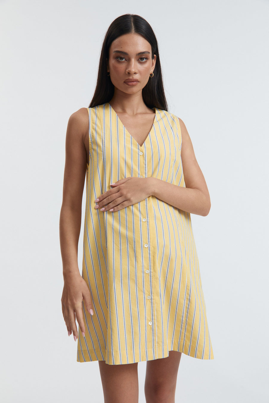 Stylish Cotton Button Down Maternity Dress (Lemon Stripe) 4