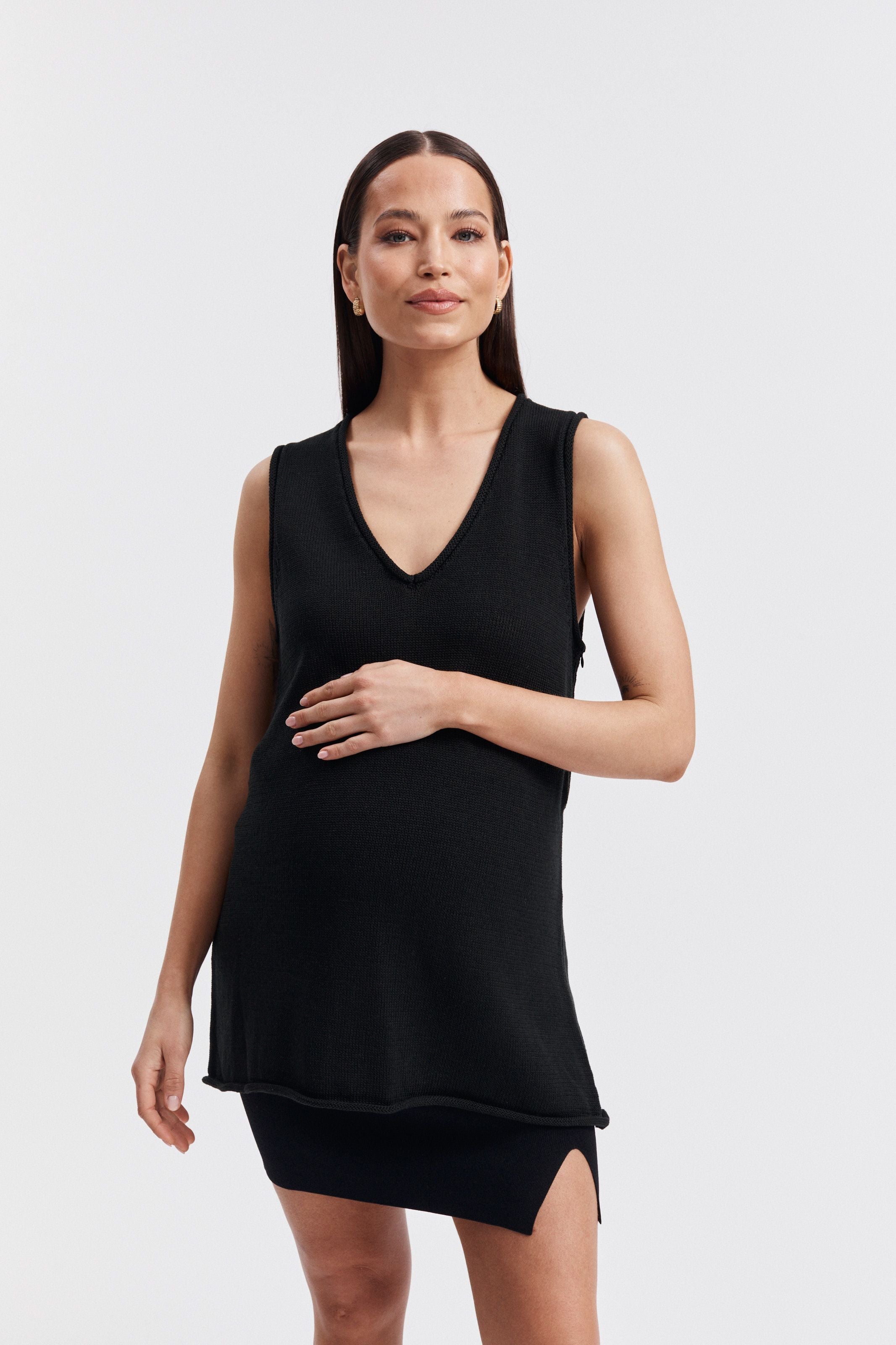 Stylish Linen Jersey Maternity Vest Top (Black) 1