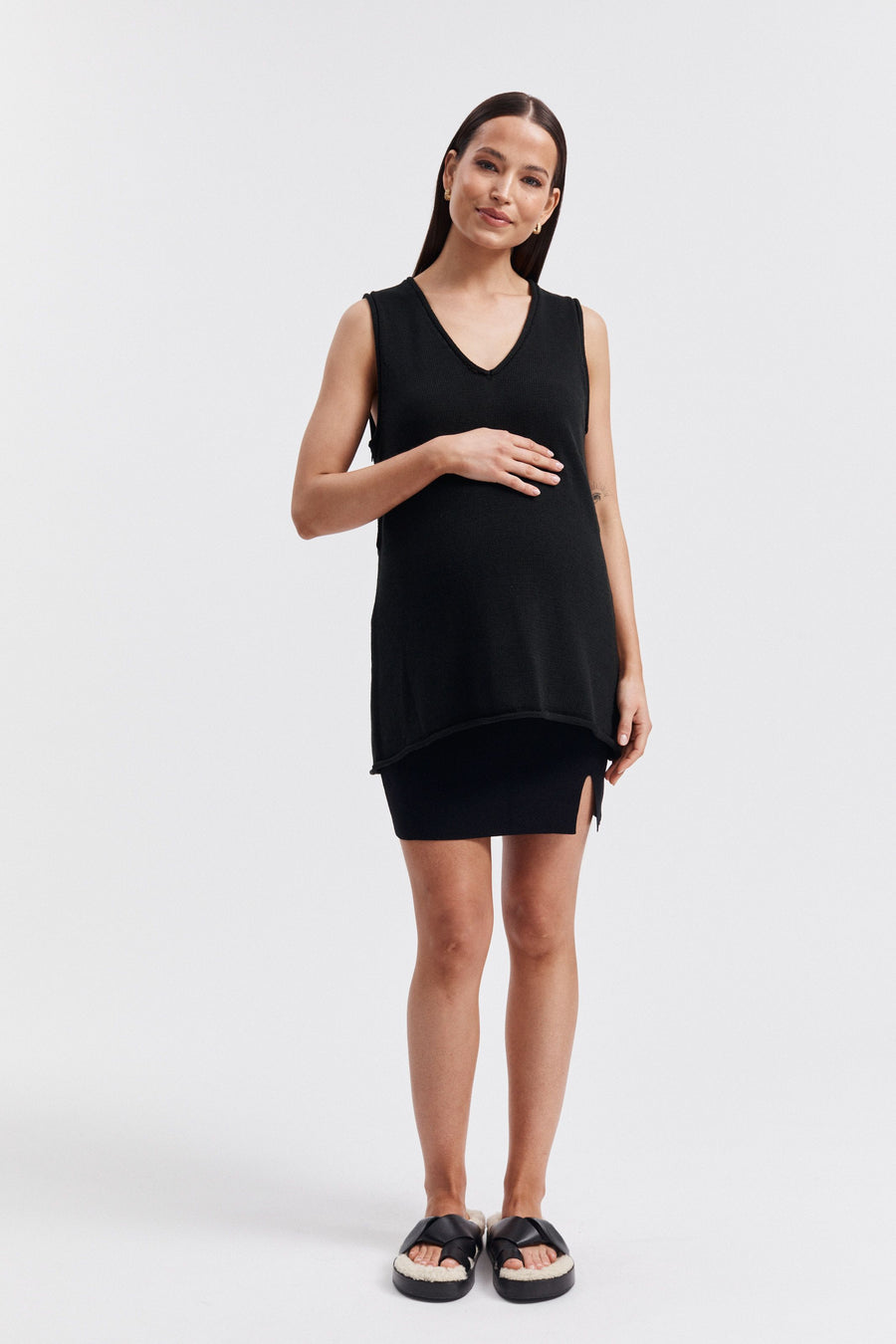 Stylish Linen Jersey Maternity Vest Top (Black) 2