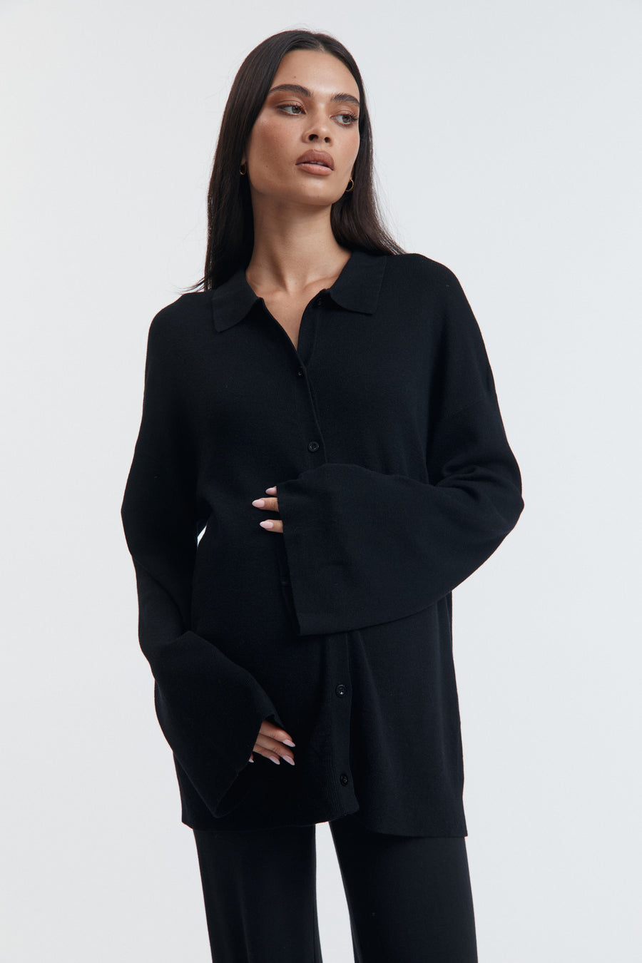 Stylish Maternity Wool Button Down Collar Top (Black) 2