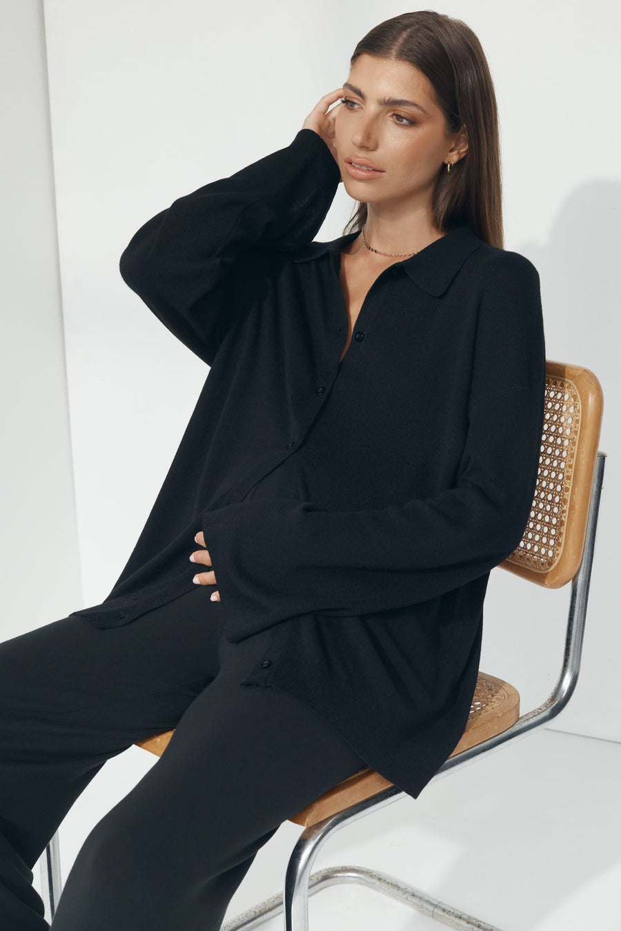 Stylish Maternity Wool Button Down Collar Top (Black) 3