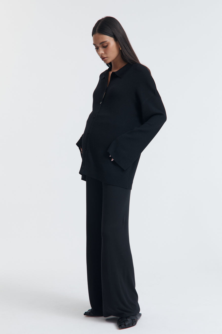 Stylish Maternity Wool Button Down Collar Top (Black) 4
