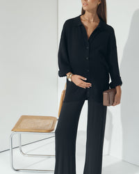 Stylish Maternity Wool Button Down Collar Top (Black) 5