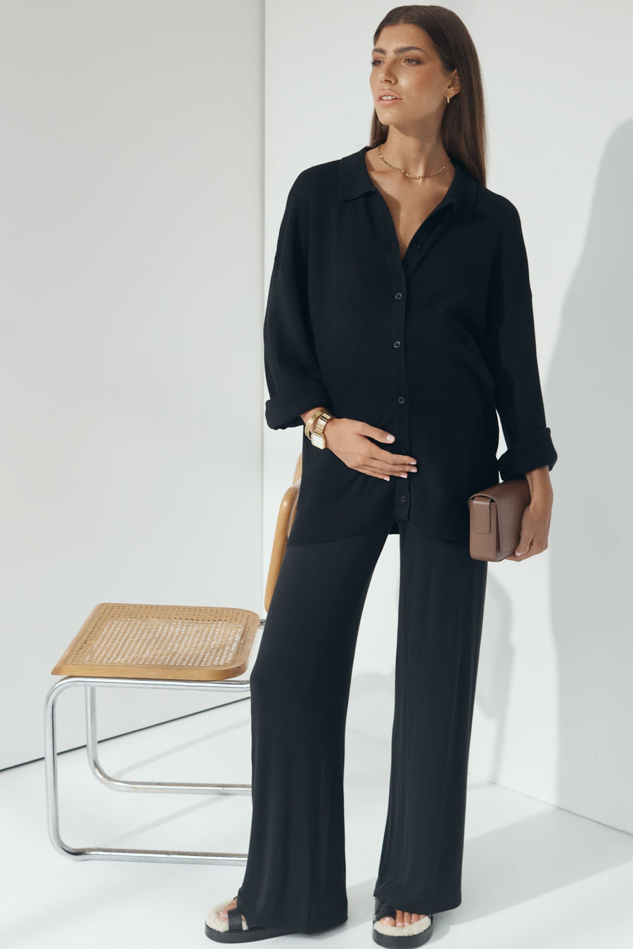 Stylish Maternity Wool Button Down Collar Top (Black) 5