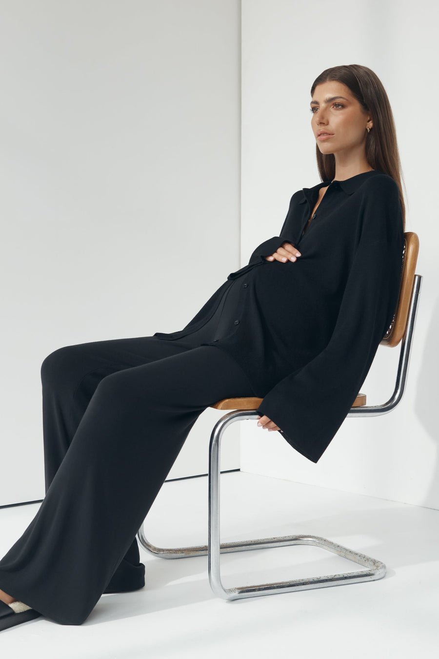 Stylish Maternity Wool Button Down Collar Top (Black) 7