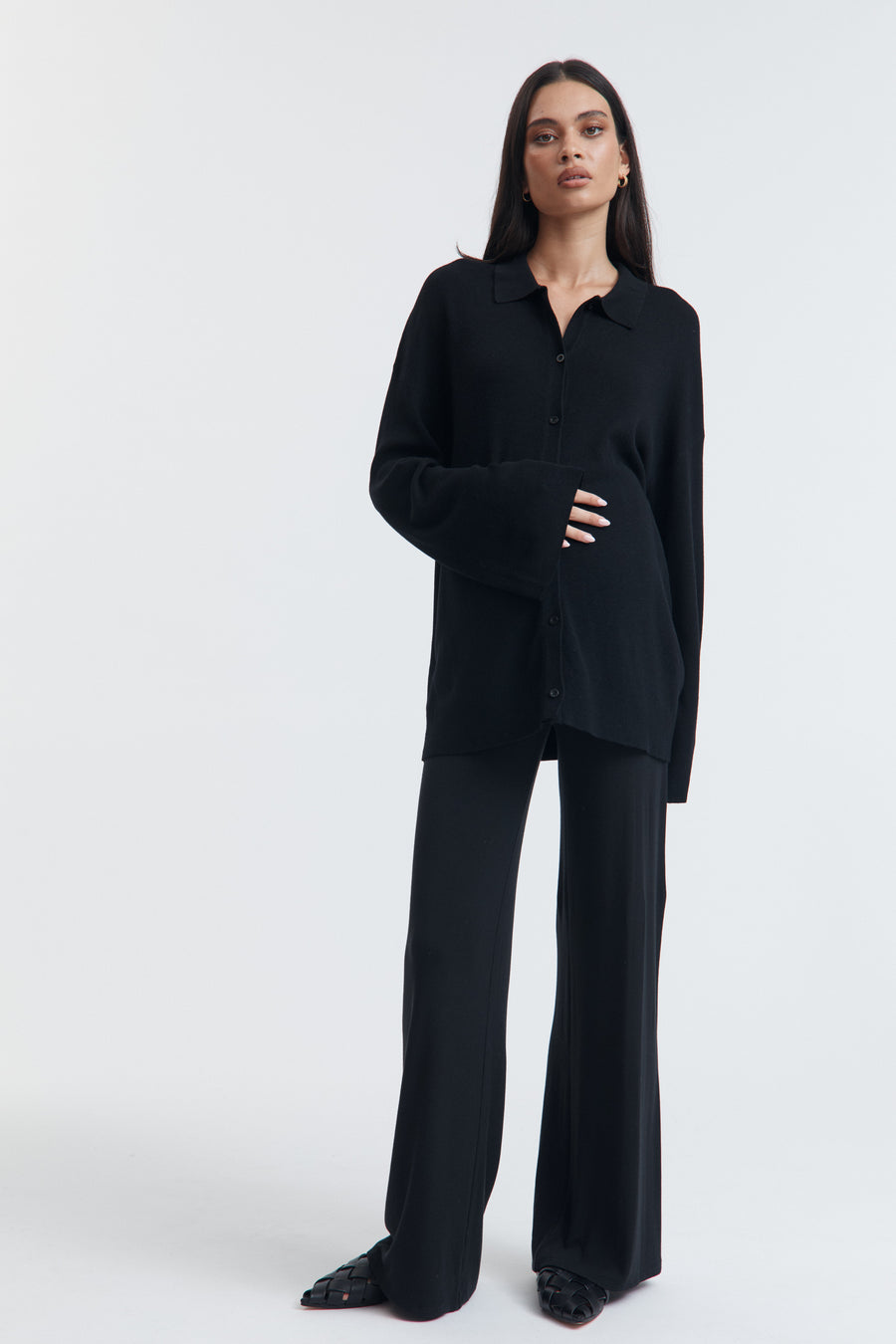 Stylish Maternity Wool Button Down Collar Top (Black) 8