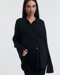 Stylish Maternity Wool Button Down Collar Top (Black) 9