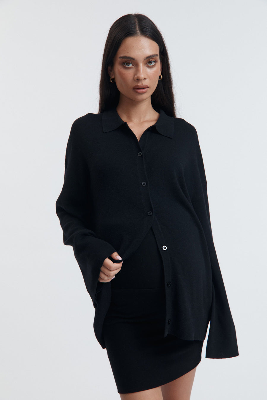 Stylish Maternity Wool Button Down Collar Top (Black) 9