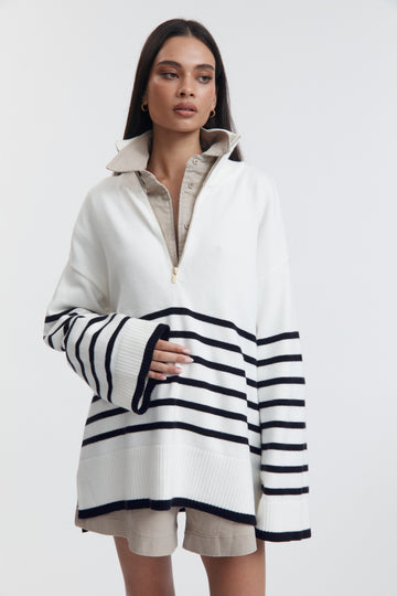 Stylish Stripe Knit Jumper (White/Navy) 1