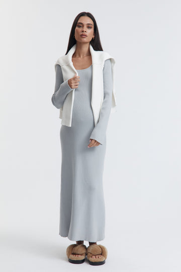 Stylish Wide Rib Knit Maternity Dress (Misty Blue) 1