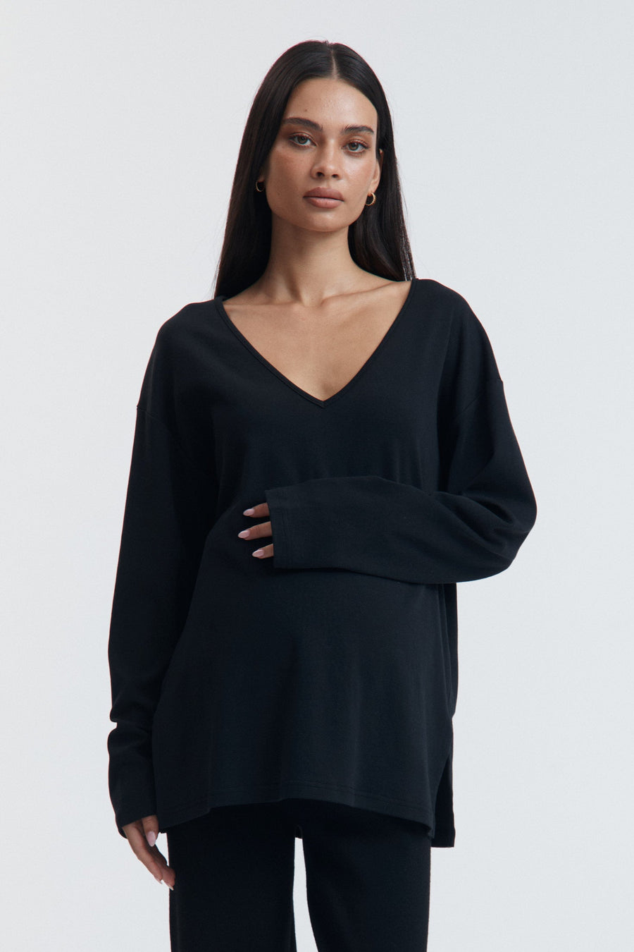 V Neck Organic Cotton LS Tee (Black) 1