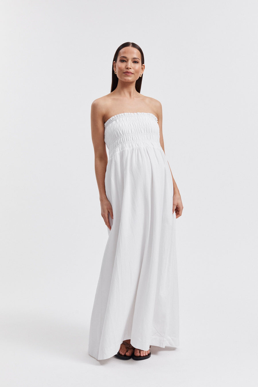 White Shirred Maternity Linen Maxidress 2