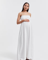 White Shirred Maternity Linen Maxidress 4