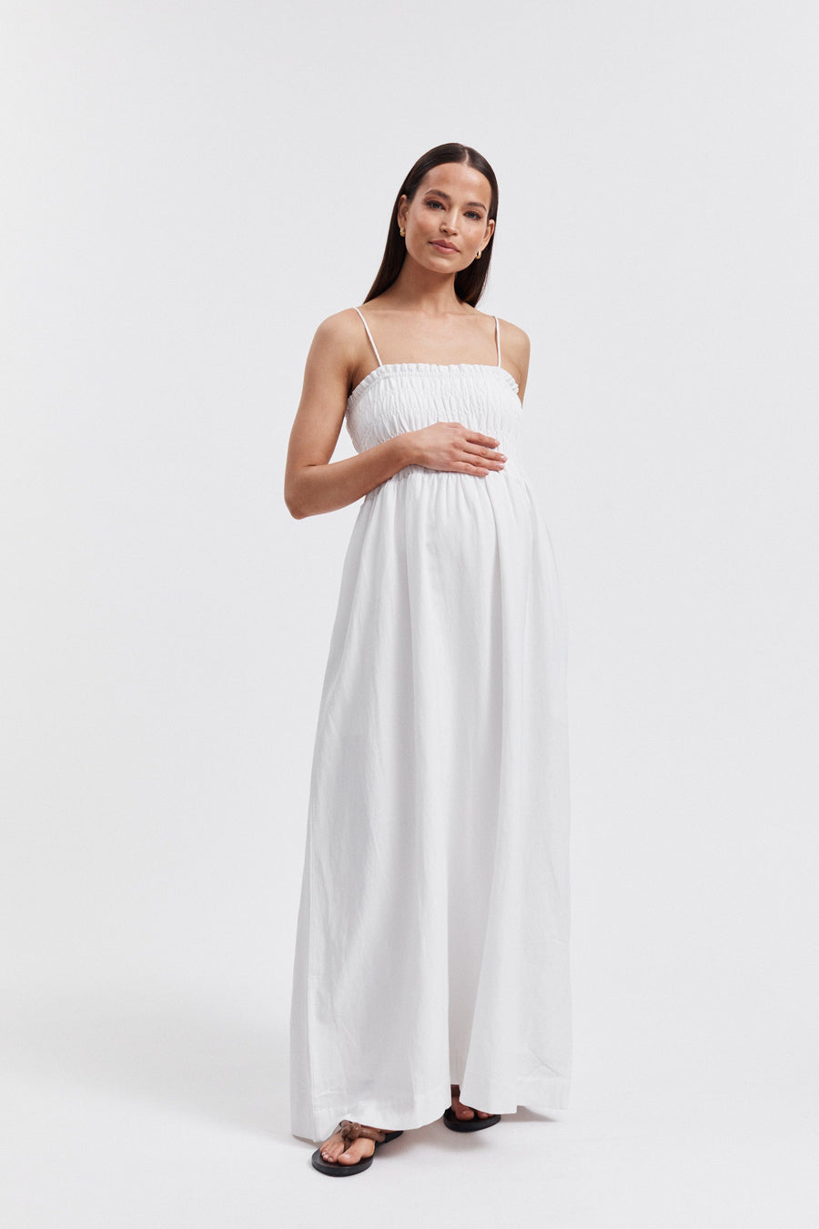 White Shirred Maternity Linen Maxidress 4