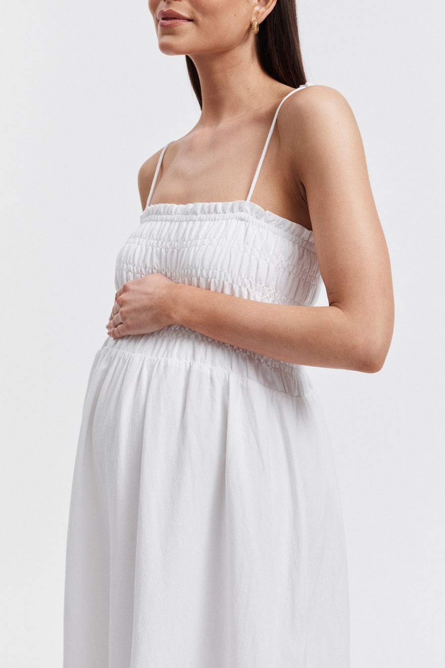 White Shirred Maternity Linen Maxidress 7