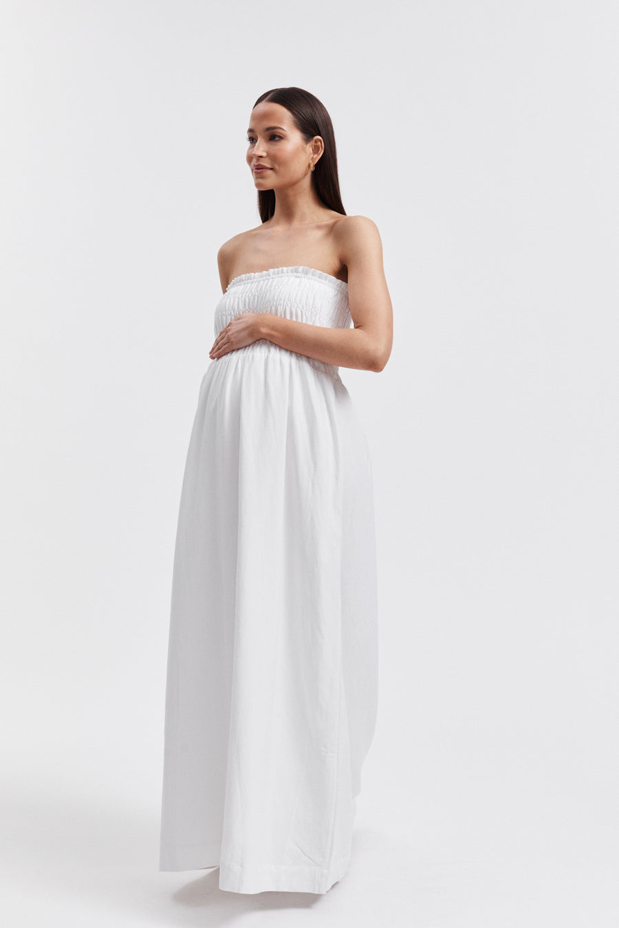 White Shirred Maternity Linen Maxidress 8