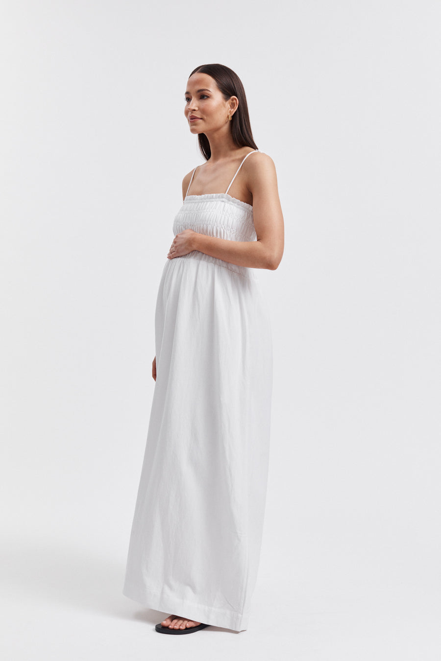 White Shirred Maternity Linen Maxidress 9