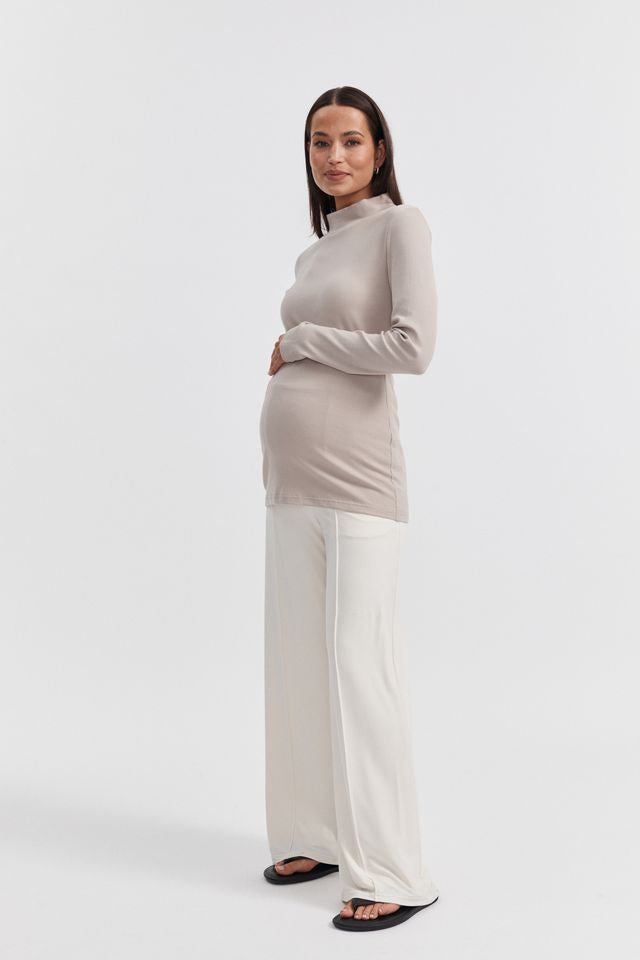 Ribbed Maternity Mock Neck Top (Stone) 1