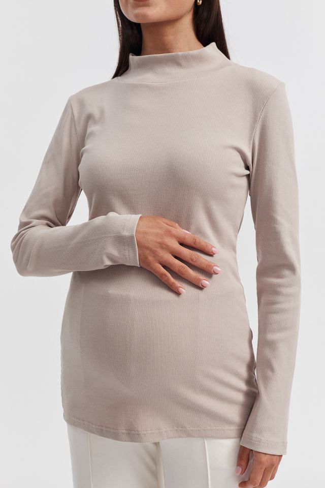 Ribbed Maternity Mock Neck Top (Stone) 2