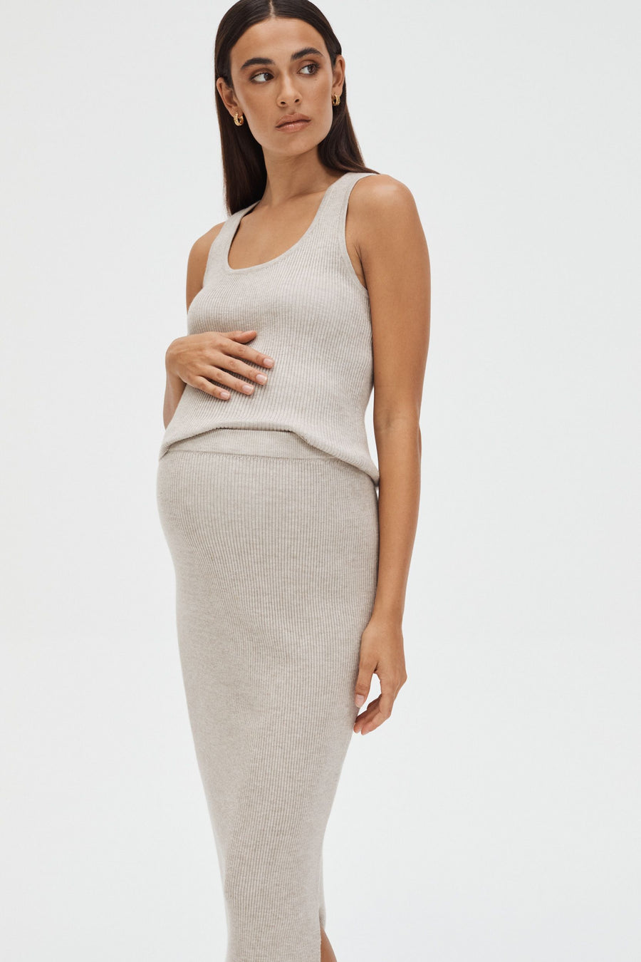 Maternity Ribbed Split Skirt (Taupe Marle) 3