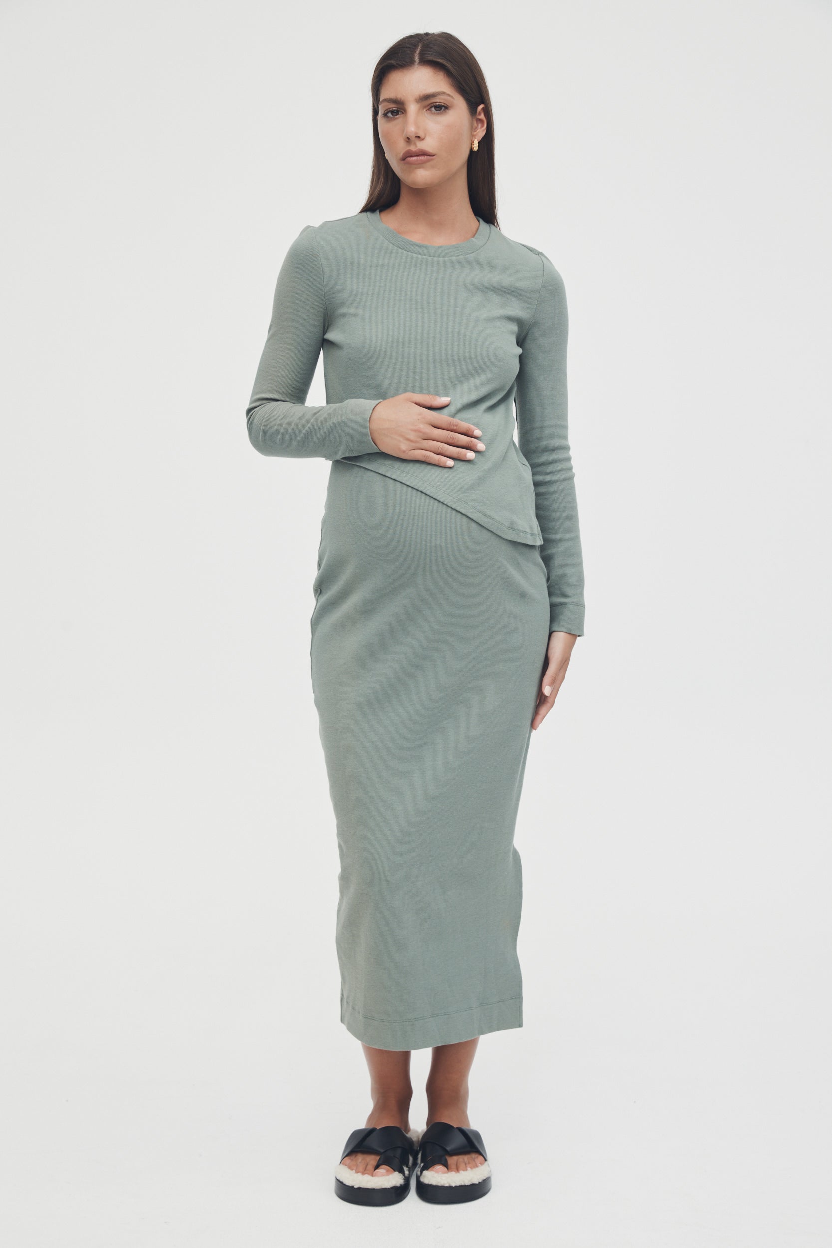 Stretchy Rib Maternity Dress (Olive) 1