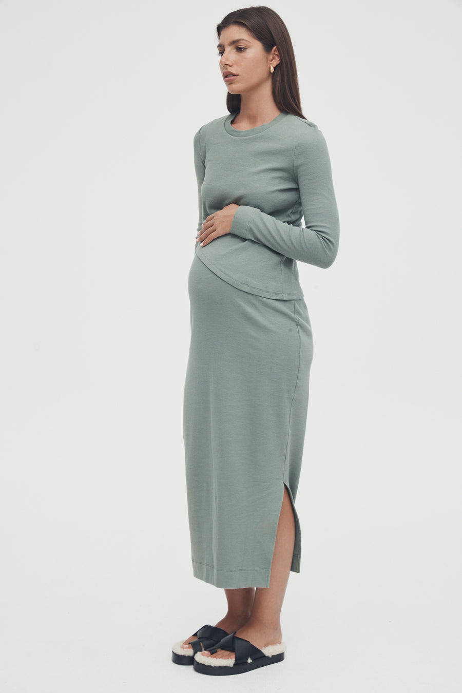 Stretchy Rib Maternity Dress (Olive) 3